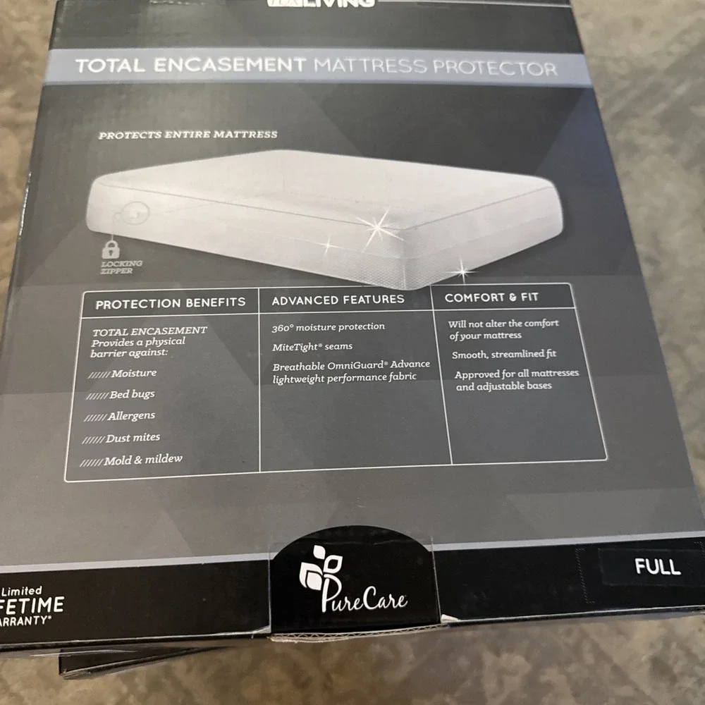 LUX Living Pure Care‎ Mattress Protector Cover Sz Full Bed Bugs Mites Allergies